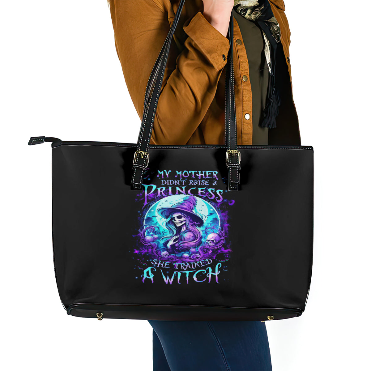 Witch Skull Leather Tote Bag My Mother Didn't Raise A Princess She Trained A Witch - Wonder Print Shop