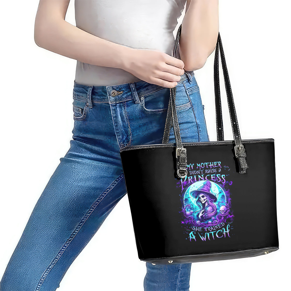 Witch Skull Leather Tote Bag My Mother Didn't Raise A Princess She Trained A Witch - Wonder Print Shop