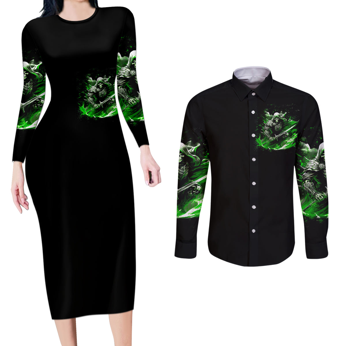 Warrior Skull Couples Matching Long Sleeve Bodycon Dress and Long Sleeve Button Shirts Of Course I'm Going To Hell Just Pick You Up - Wonder Print Shop