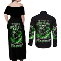 Warrior Skull Couples Matching Off Shoulder Maxi Dress and Long Sleeve Button Shirts Of Course I'm Going To Hell Just Pick You Up - Wonder Print Shop