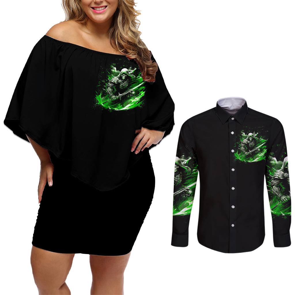 Warrior Skull Couples Matching Off Shoulder Short Dress and Long Sleeve Button Shirts Of Course I'm Going To Hell Just Pick You Up - Wonder Print Shop