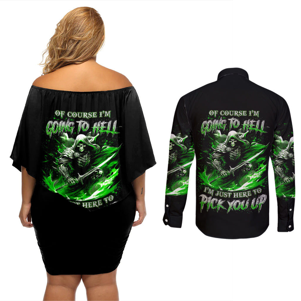 Warrior Skull Couples Matching Off Shoulder Short Dress and Long Sleeve Button Shirts Of Course I'm Going To Hell Just Pick You Up - Wonder Print Shop