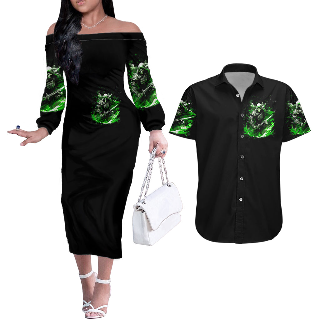 Warrior Skull Couples Matching Off The Shoulder Long Sleeve Dress and Hawaiian Shirt Of Course I'm Going To Hell Just Pick You Up - Wonder Print Shop