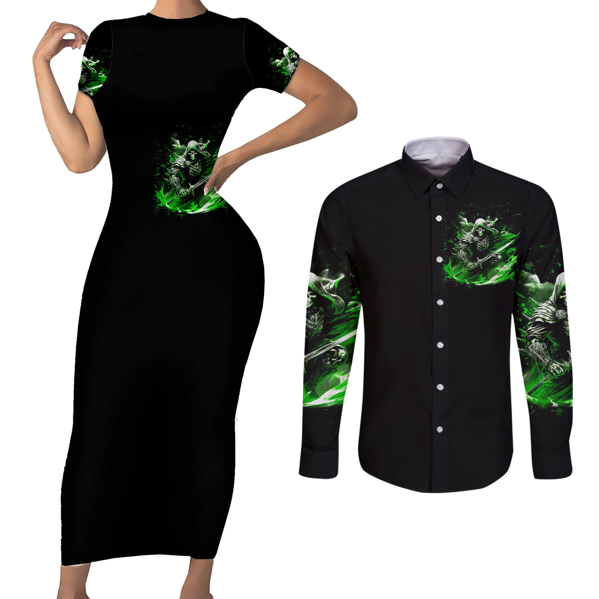 Warrior Skull Couples Matching Short Sleeve Bodycon Dress and Long Sleeve Button Shirts Of Course I'm Going To Hell Just Pick You Up - Wonder Print Shop