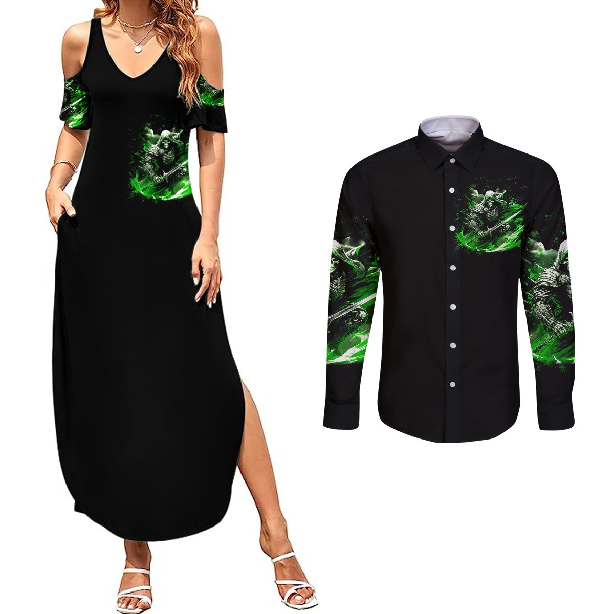 Warrior Skull Couples Matching Summer Maxi Dress and Long Sleeve Button Shirts Of Course I'm Going To Hell Just Pick You Up - Wonder Print Shop