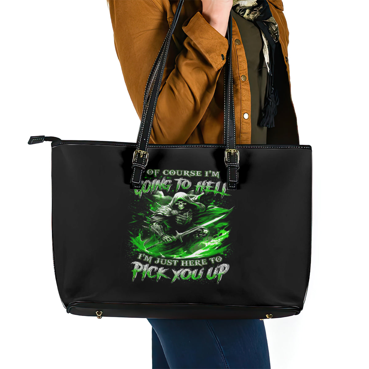 Warrior Skull Leather Tote Bag Of Course I'm Going To Hell Just Pick You Up - Wonder Print Shop