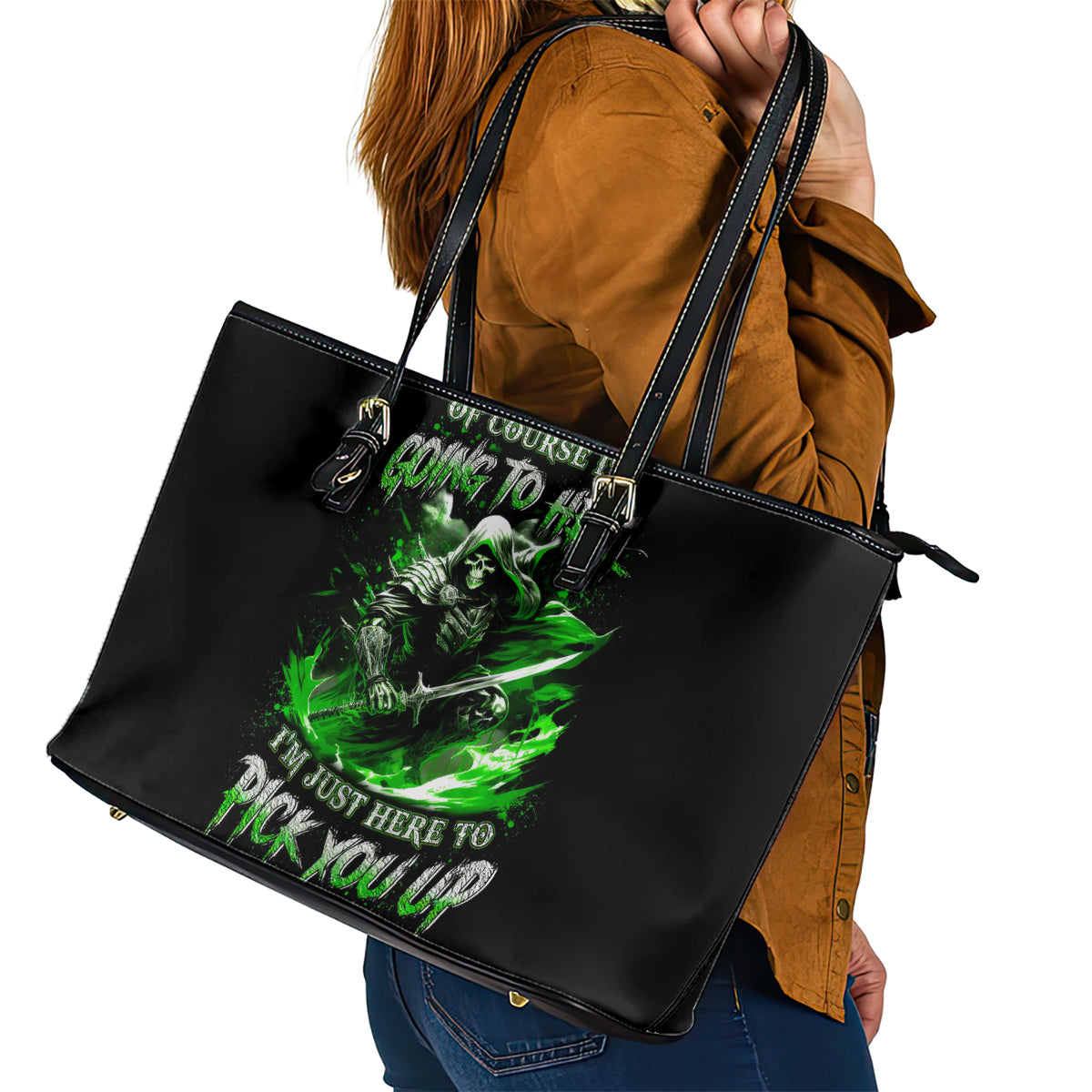 Black tote bag with green skull graphic and top edge zipper trim, angled view.