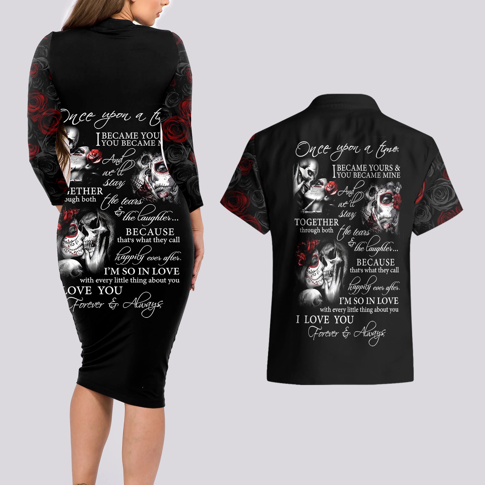 Love Skull Couples Matching Long Sleeve Bodycon Dress and Hawaiian Shirt Once Upon A Time I Love You Forever And Always - Wonder Print Shop
