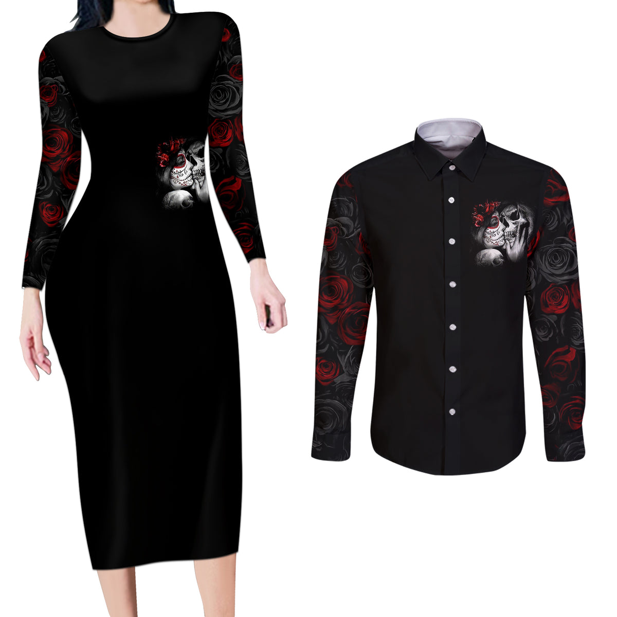 Love Skull Couples Matching Long Sleeve Bodycon Dress and Long Sleeve Button Shirts Once Upon A Time I Love You Forever And Always - Wonder Print Shop