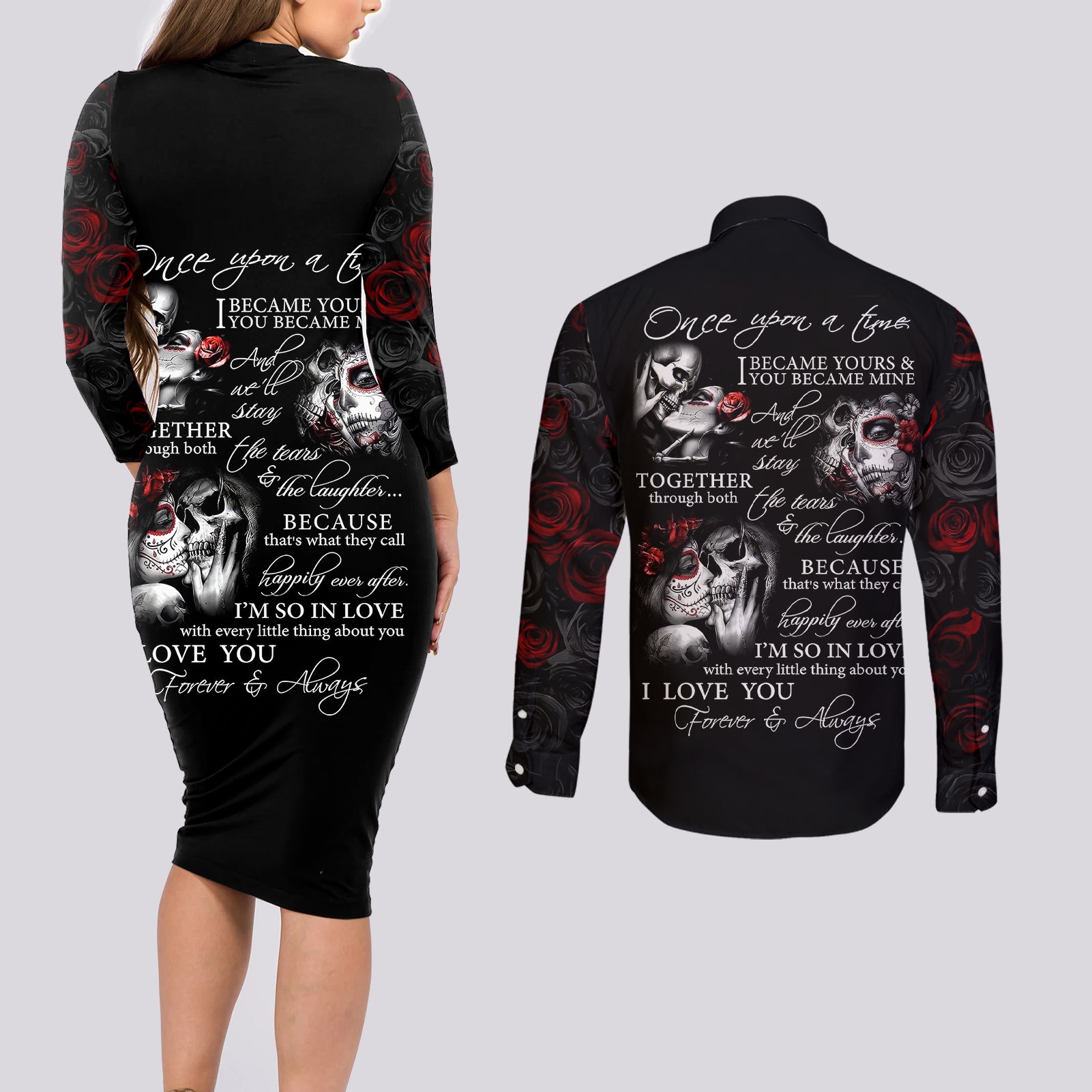 Love Skull Couples Matching Long Sleeve Bodycon Dress and Long Sleeve Button Shirts Once Upon A Time I Love You Forever And Always - Wonder Print Shop