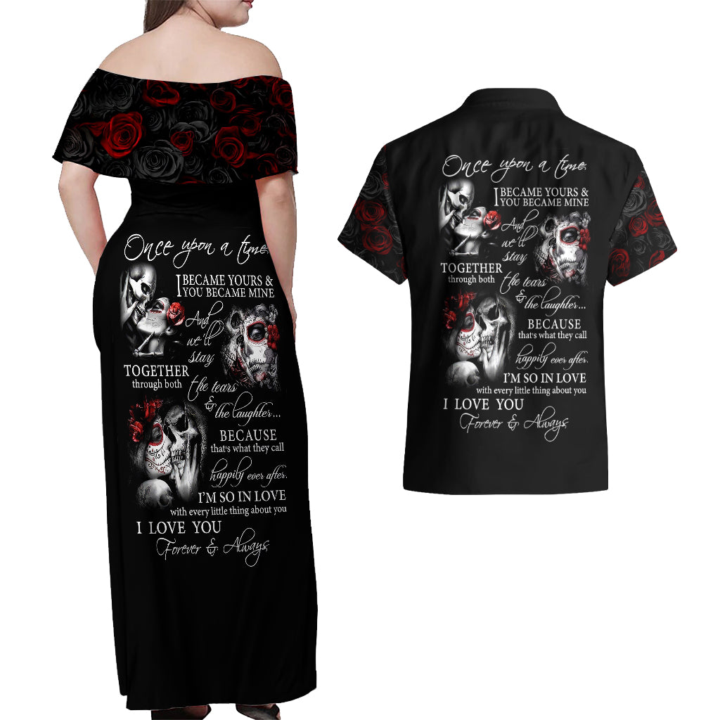 Love Skull Couples Matching Off Shoulder Maxi Dress and Hawaiian Shirt Once Upon A Time I Love You Forever And Always - Wonder Print Shop
