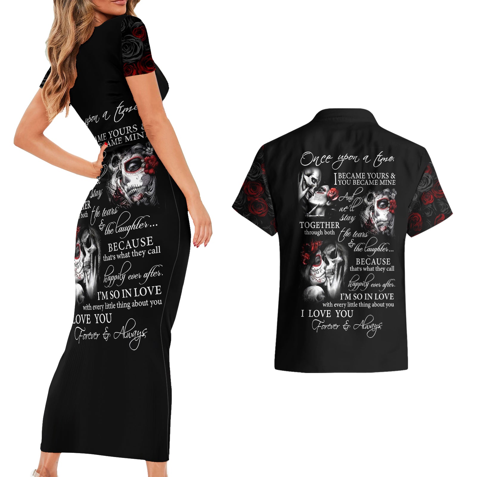 Love Skull Couples Matching Short Sleeve Bodycon Dress and Hawaiian Shirt Once Upon A Time I Love You Forever And Always - Wonder Print Shop