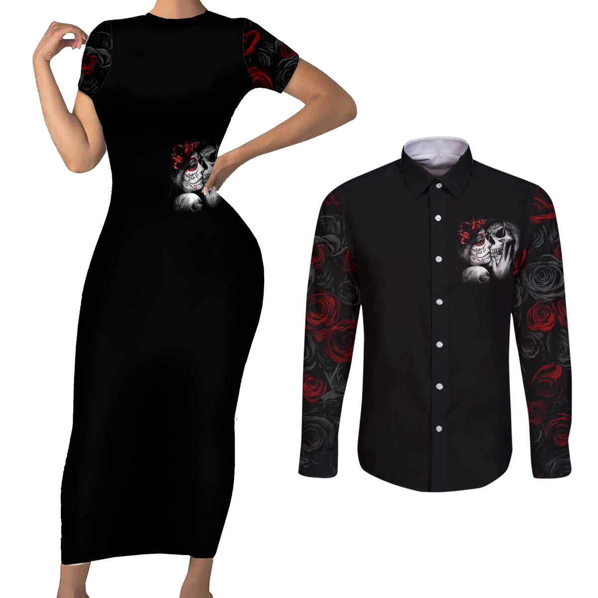 Love Skull Couples Matching Short Sleeve Bodycon Dress and Long Sleeve Button Shirts Once Upon A Time I Love You Forever And Always - Wonder Print Shop