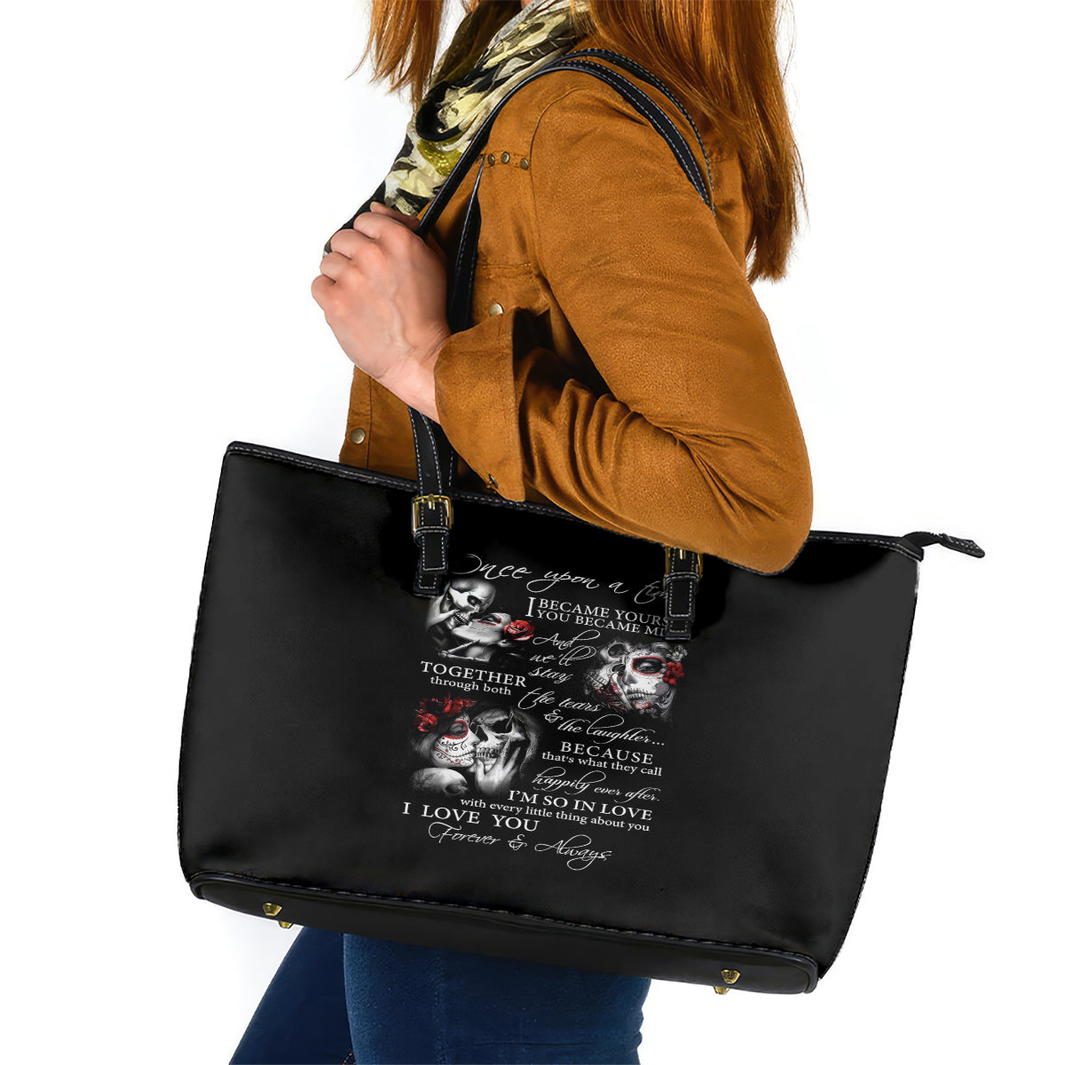Love Skull Leather Tote Bag Once Upon A Time I Love You Forever And Always - Wonder Print Shop