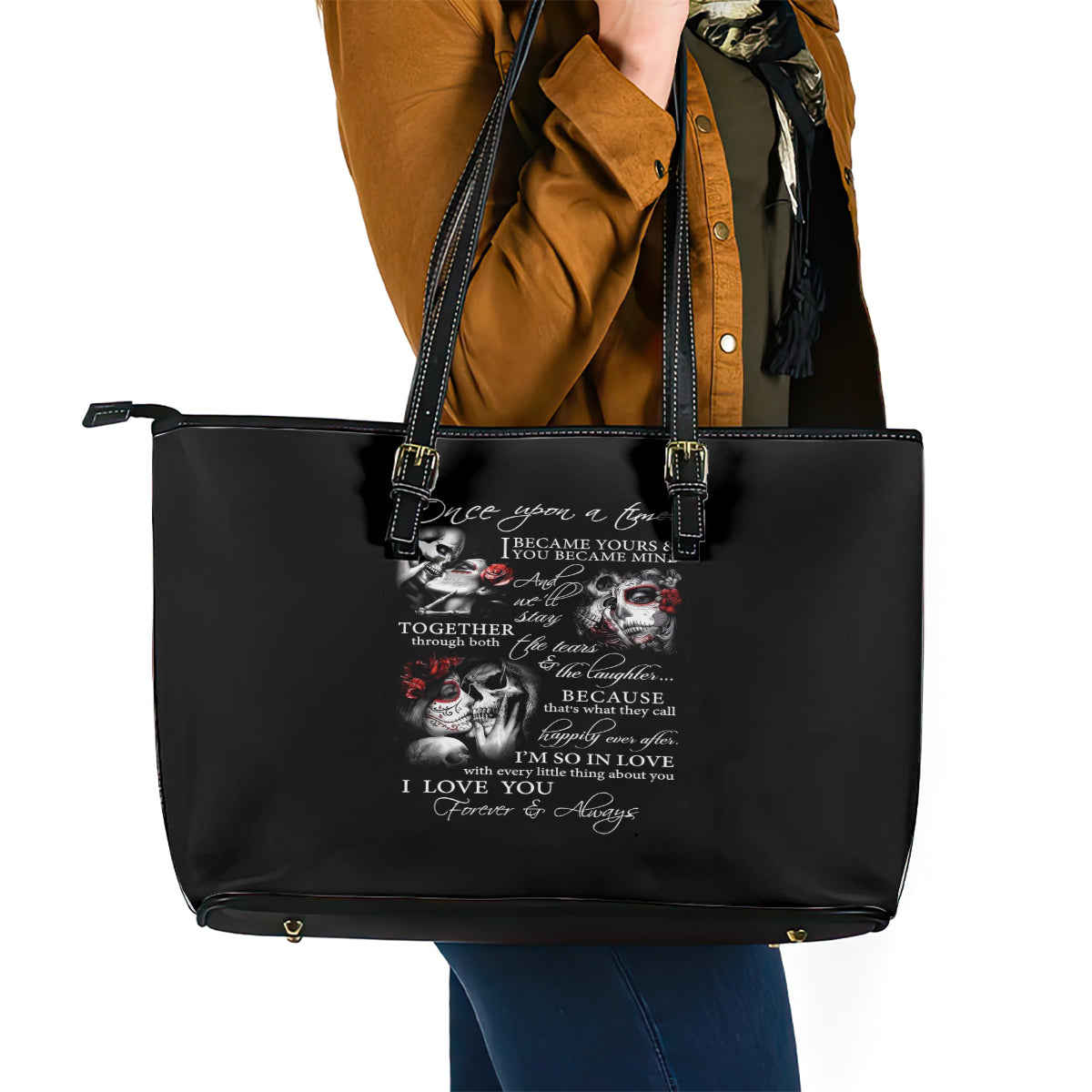 Love Skull Leather Tote Bag Once Upon A Time I Love You Forever And Always - Wonder Print Shop