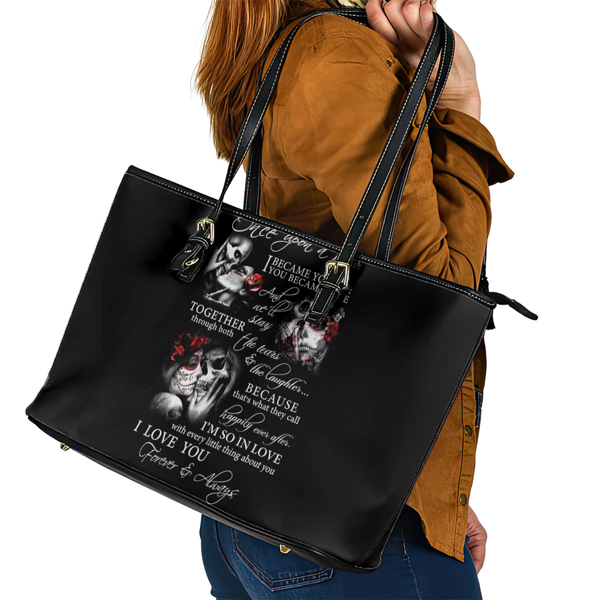 Love Skull Leather Tote Bag Once Upon A Time I Love You Forever And Always - Wonder Print Shop