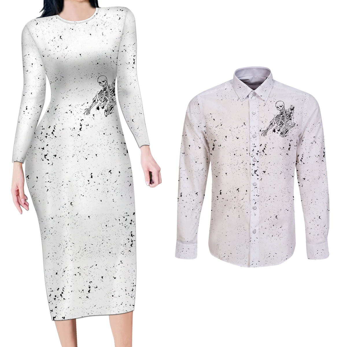 Art Skull Couples Matching Long Sleeve Bodycon Dress and Long Sleeve Button Shirts Rock Paper Scissors Throat Punch I Win - Wonder Print Shop