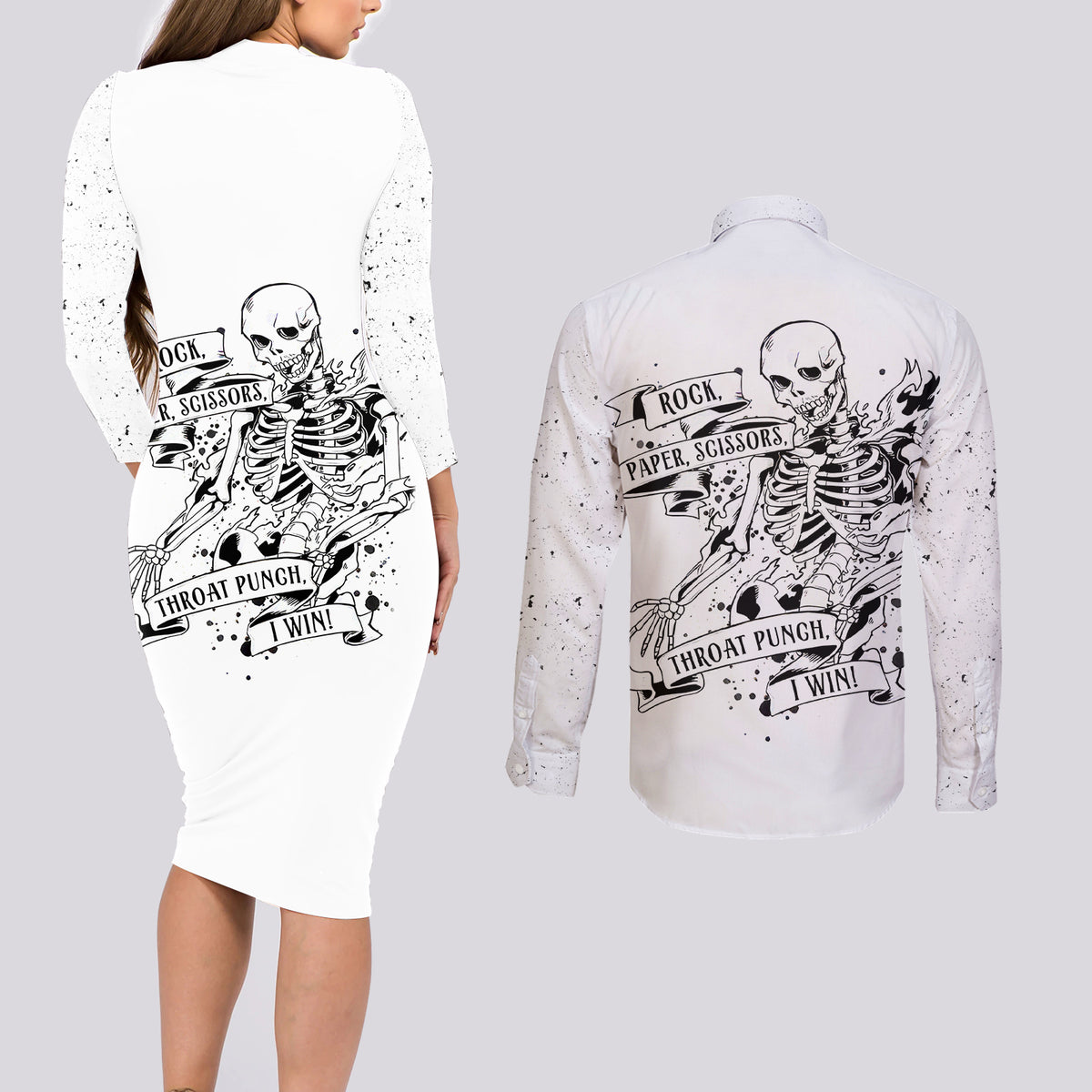 Art Skull Couples Matching Long Sleeve Bodycon Dress and Long Sleeve Button Shirts Rock Paper Scissors Throat Punch I Win - Wonder Print Shop