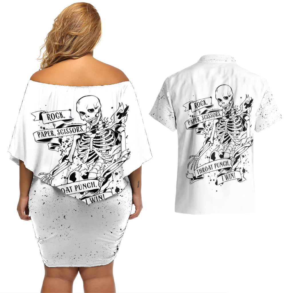 Art Skull Couples Matching Off Shoulder Short Dress and Hawaiian Shirt Rock Paper Scissors Throat Punch I Win - Wonder Print Shop