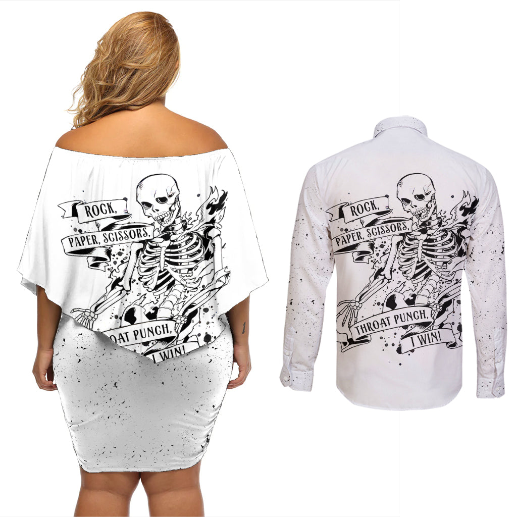 Art Skull Couples Matching Off Shoulder Short Dress and Long Sleeve Button Shirts Rock Paper Scissors Throat Punch I Win - Wonder Print Shop