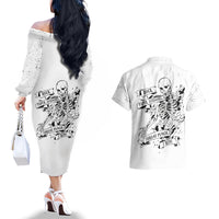 Art Skull Couples Matching Off The Shoulder Long Sleeve Dress and Hawaiian Shirt Rock Paper Scissors Throat Punch I Win - Wonder Print Shop