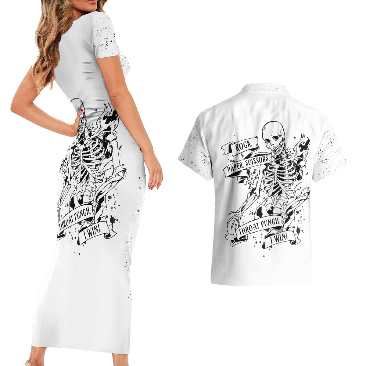 Art Skull Couples Matching Short Sleeve Bodycon Dress and Hawaiian Shirt Rock Paper Scissors Throat Punch I Win - Wonder Print Shop