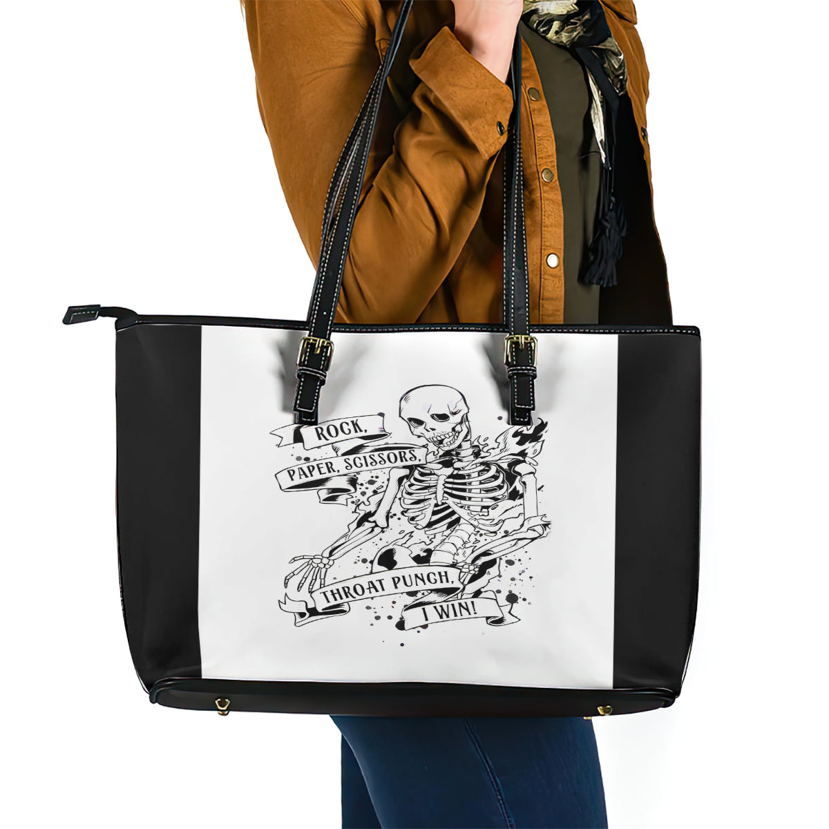 Art Skull Leather Tote Bag Rock Paper Scissors Throat Punch I Win - Wonder Print Shop