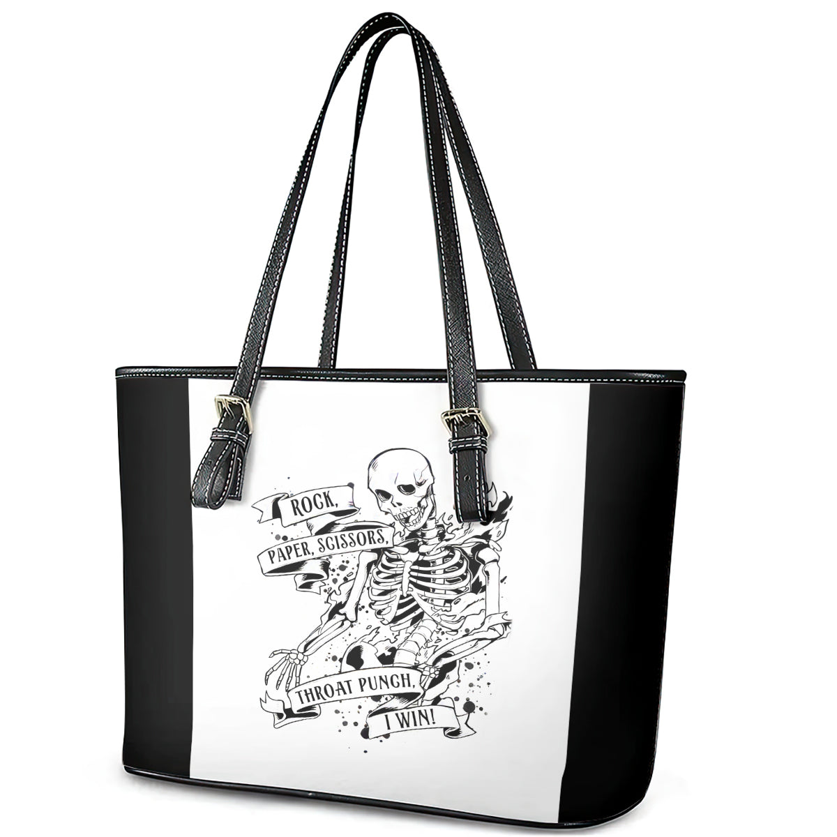 Art Skull Leather Tote Bag Rock Paper Scissors Throat Punch I Win - Wonder Print Shop
