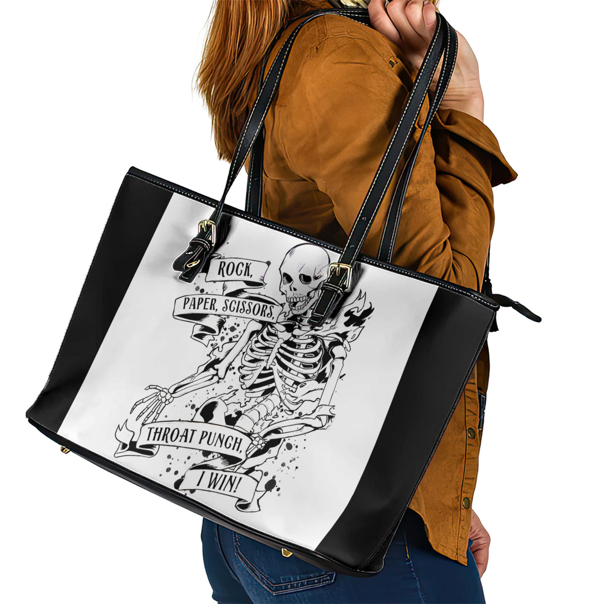 Art Skull Leather Tote Bag Rock Paper Scissors Throat Punch I Win - Wonder Print Shop