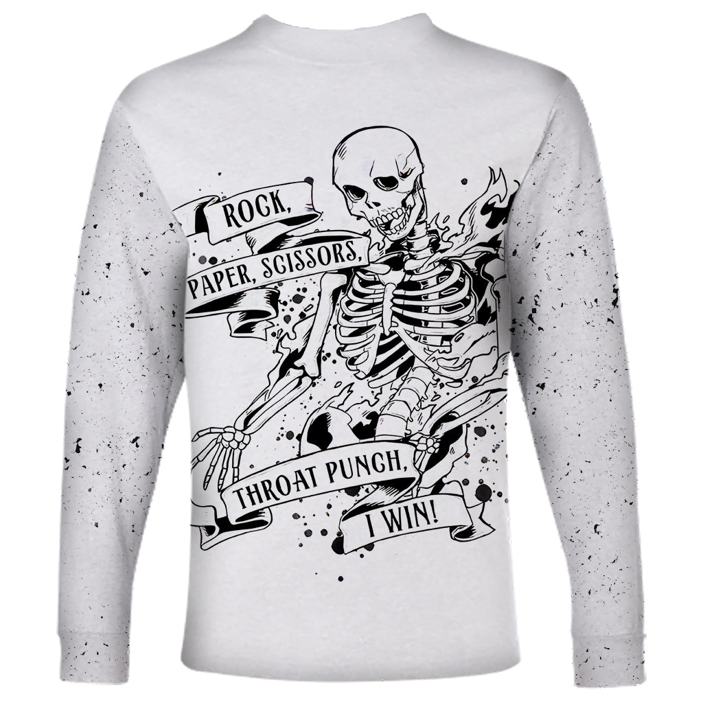 Art Skull Long Sleeve Shirt Rock Paper Scissors Throat Punch I Win - Wonder Print Shop