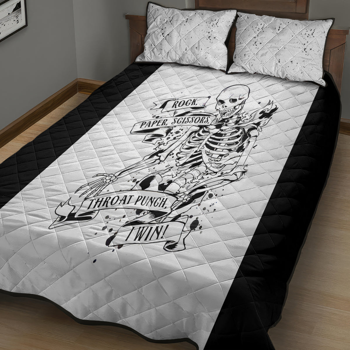 Art Skull Quilt Bed Set Rock Paper Scissors Throat Punch I Win - Wonder Print Shop