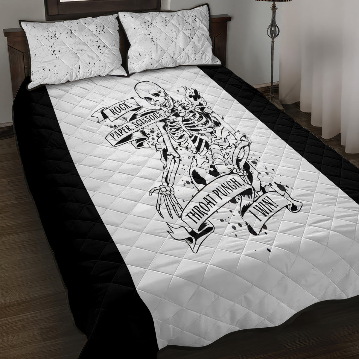 Art Skull Quilt Bed Set Rock Paper Scissors Throat Punch I Win - Wonder Print Shop