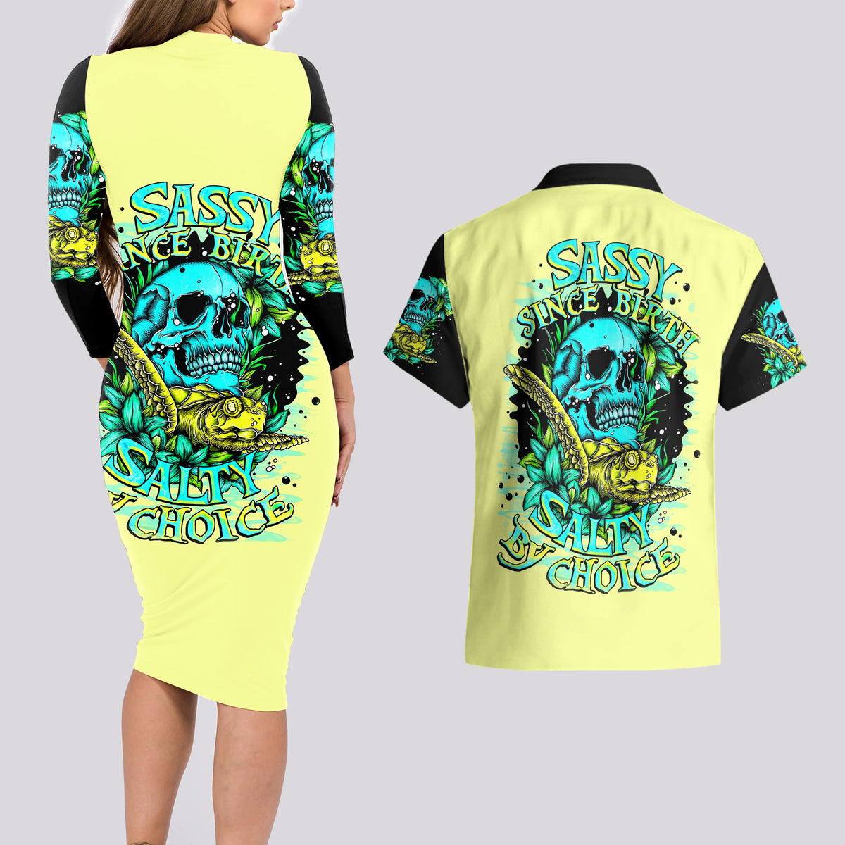 Turtle Skull Couples Matching Long Sleeve Bodycon Dress and Hawaiian Shirt Sassy Since Birth Salty By Choice - Wonder Print Shop