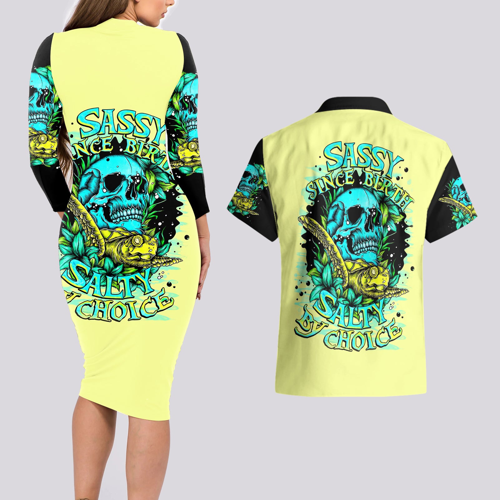 Turtle Skull Couples Matching Long Sleeve Bodycon Dress and Hawaiian Shirt Sassy Since Birth Salty By Choice - Wonder Print Shop