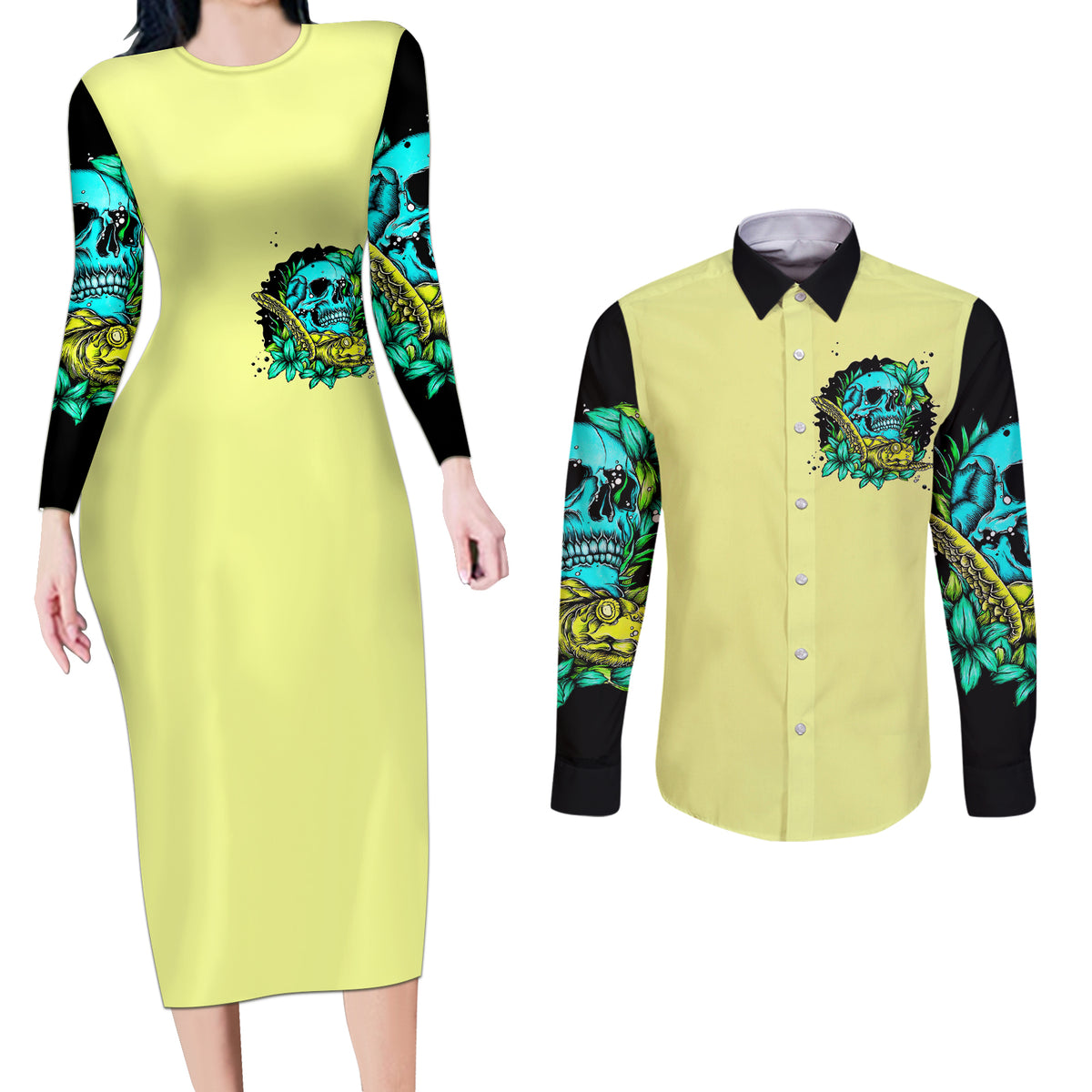 Turtle Skull Couples Matching Long Sleeve Bodycon Dress and Long Sleeve Button Shirts Sassy Since Birth Salty By Choice - Wonder Print Shop
