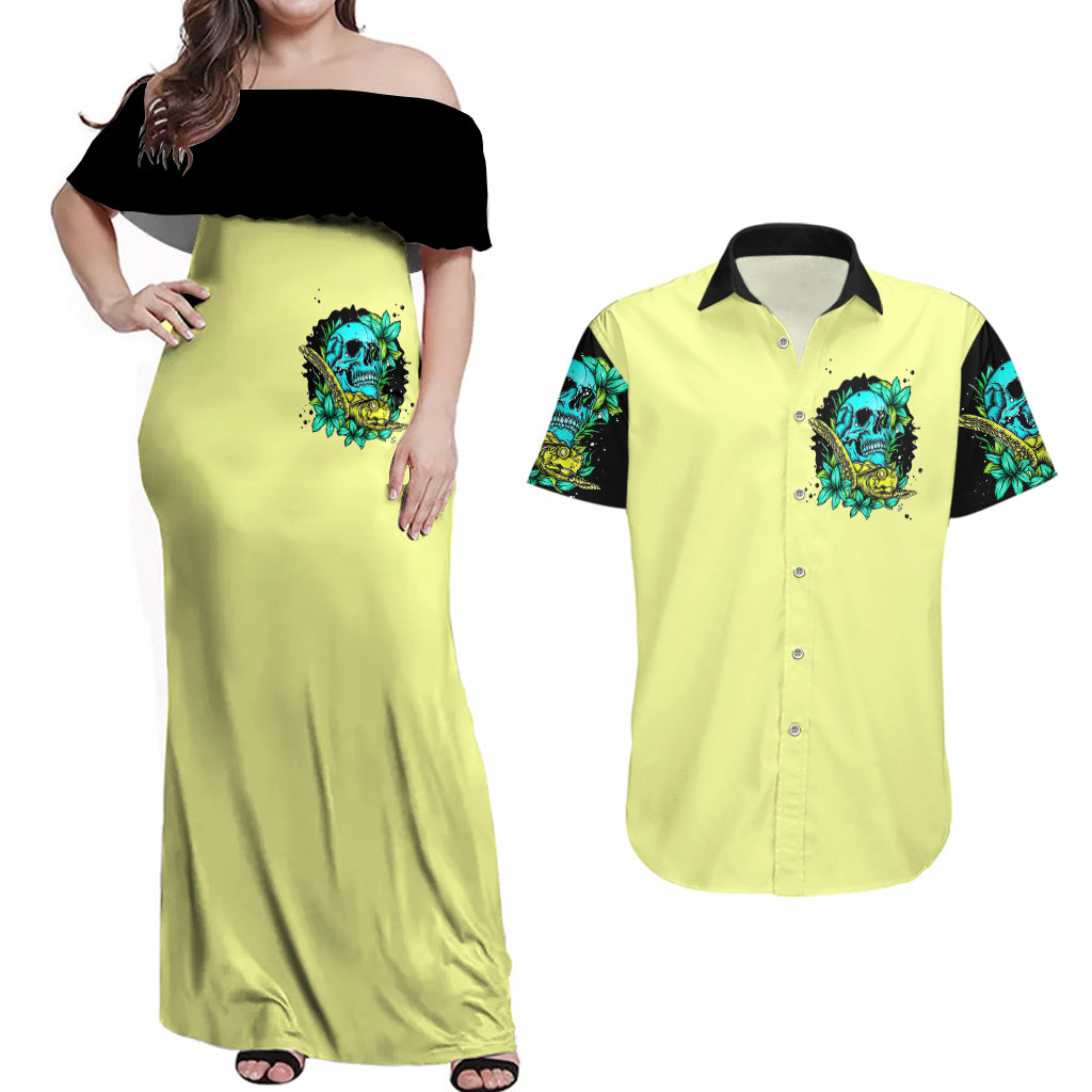 Turtle Skull Couples Matching Off Shoulder Maxi Dress and Hawaiian Shirt Sassy Since Birth Salty By Choice - Wonder Print Shop