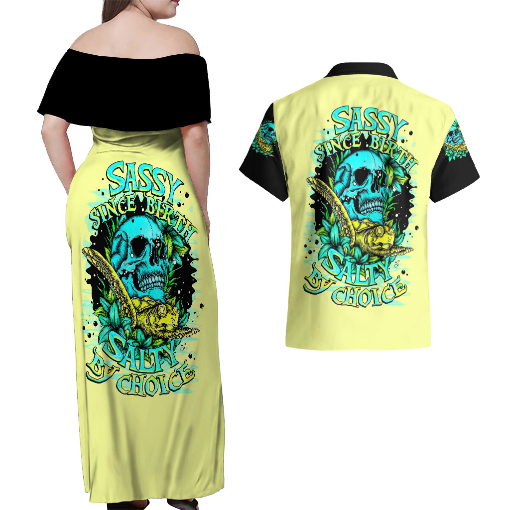 Turtle Skull Couples Matching Off Shoulder Maxi Dress and Hawaiian Shirt Sassy Since Birth Salty By Choice - Wonder Print Shop