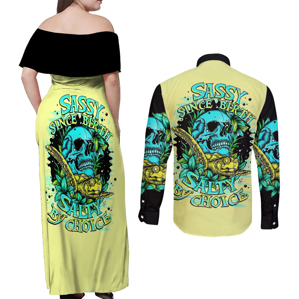 Turtle Skull Couples Matching Off Shoulder Maxi Dress and Long Sleeve Button Shirts Sassy Since Birth Salty By Choice - Wonder Print Shop