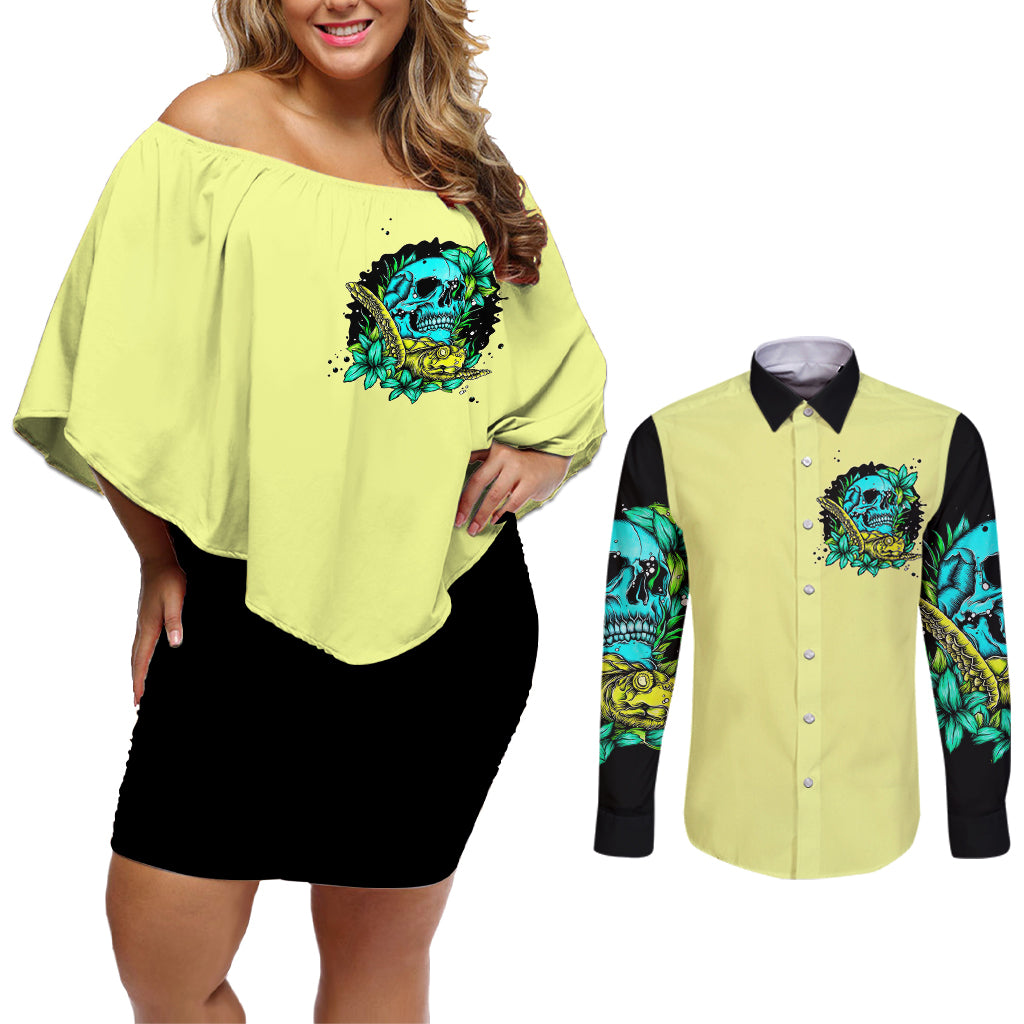 Turtle Skull Couples Matching Off Shoulder Short Dress and Long Sleeve Button Shirts Sassy Since Birth Salty By Choice - Wonder Print Shop