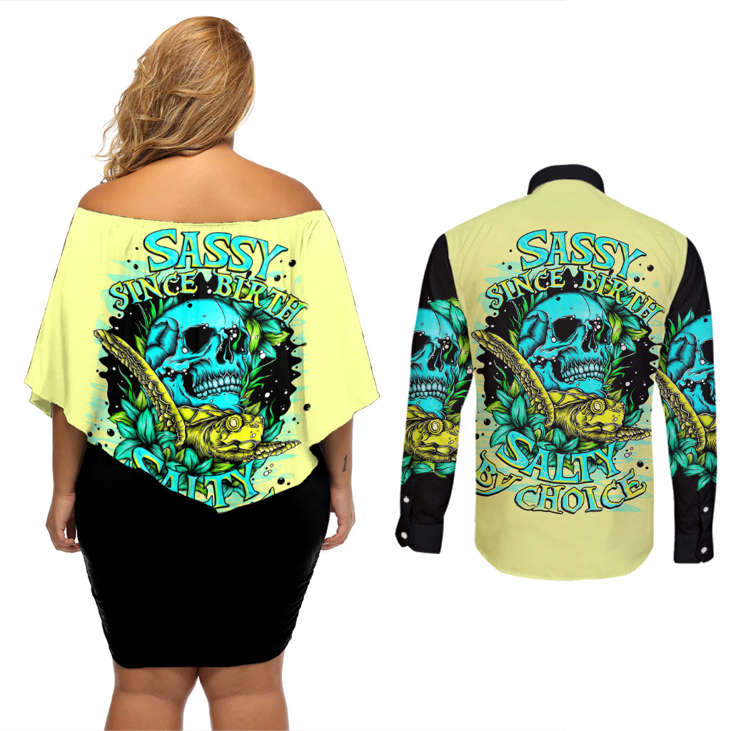 Turtle Skull Couples Matching Off Shoulder Short Dress and Long Sleeve Button Shirts Sassy Since Birth Salty By Choice - Wonder Print Shop