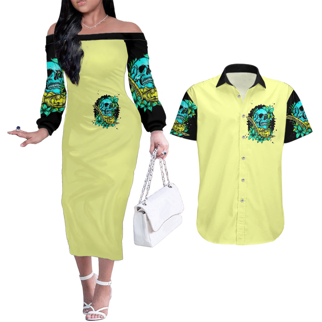 Turtle Skull Couples Matching Off The Shoulder Long Sleeve Dress and Hawaiian Shirt Sassy Since Birth Salty By Choice - Wonder Print Shop