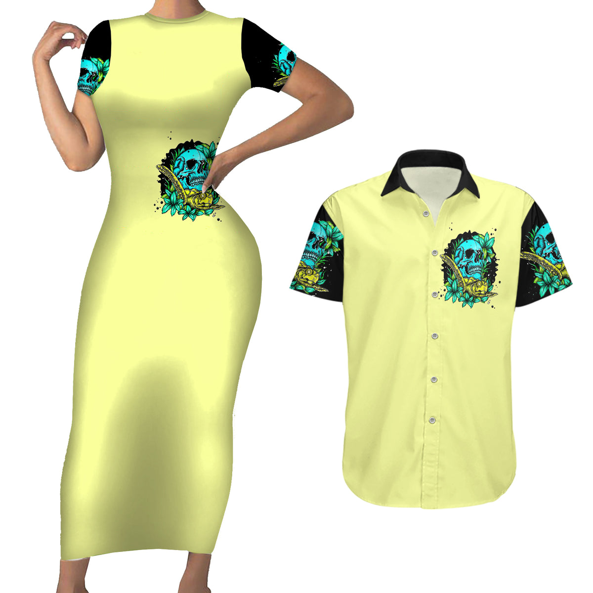 Turtle Skull Couples Matching Short Sleeve Bodycon Dress and Hawaiian Shirt Sassy Since Birth Salty By Choice - Wonder Print Shop