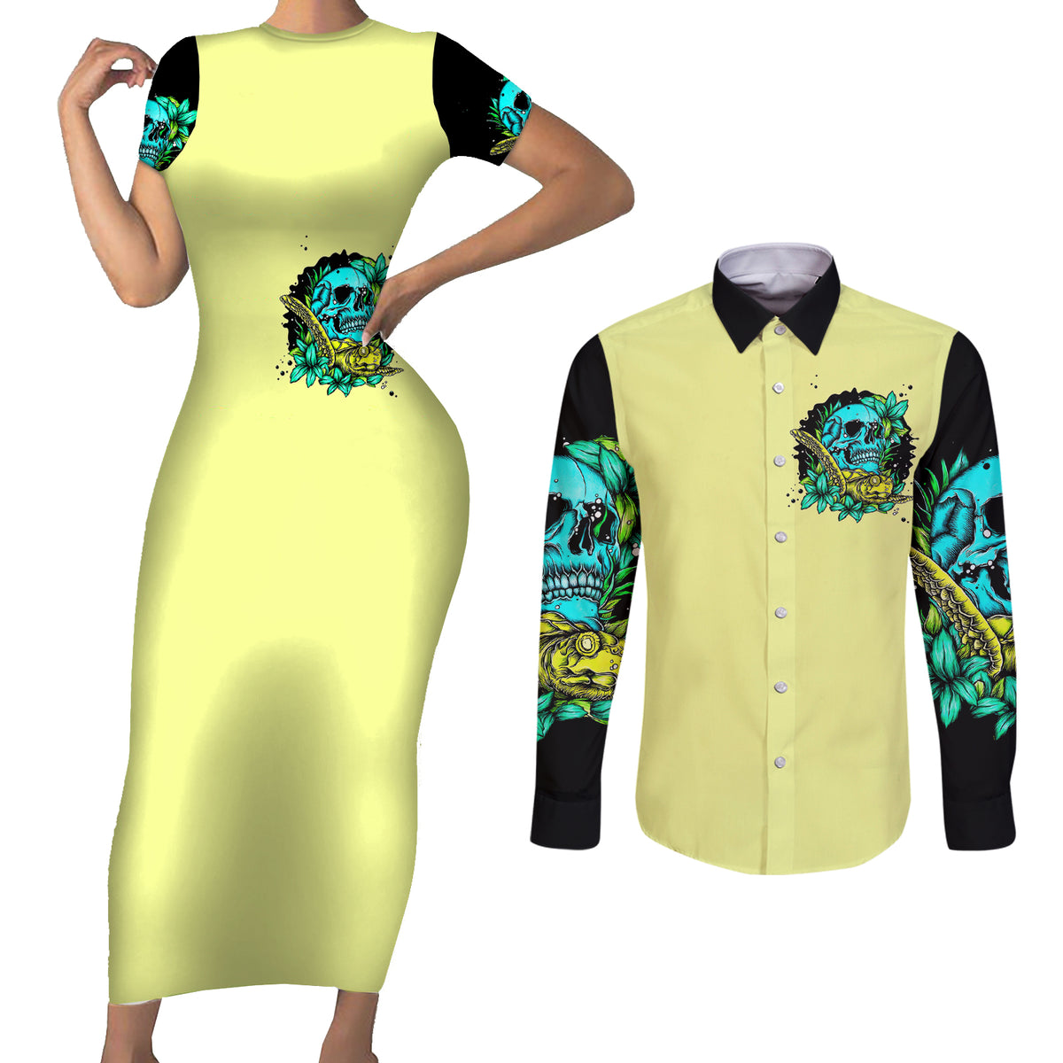Turtle Skull Couples Matching Short Sleeve Bodycon Dress and Long Sleeve Button Shirts Sassy Since Birth Salty By Choice - Wonder Print Shop