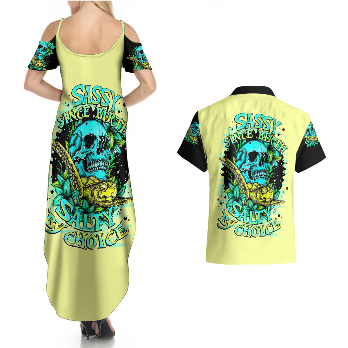 Turtle Skull Couples Matching Summer Maxi Dress and Hawaiian Shirt Sassy Since Birth Salty By Choice - Wonder Print Shop