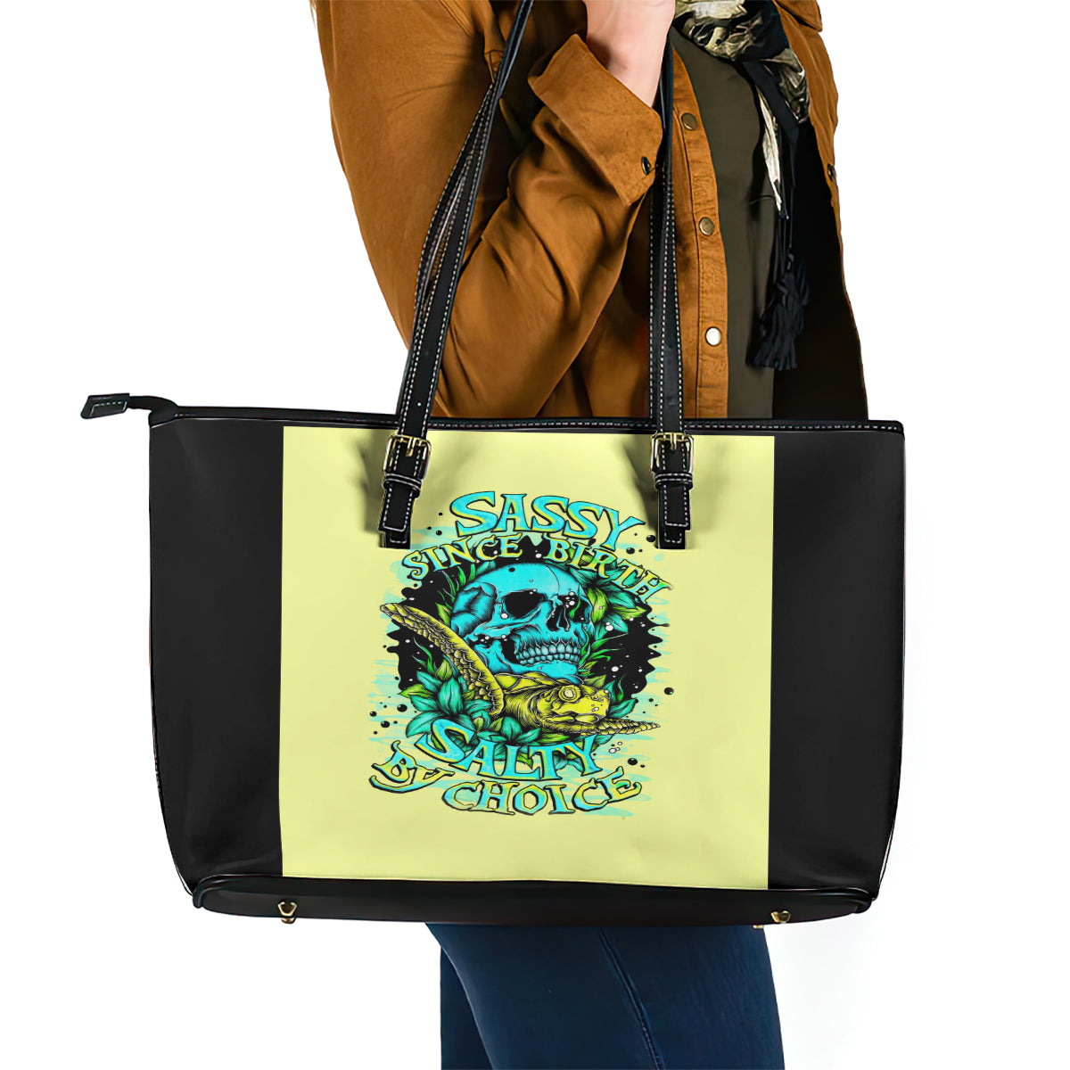 Turtle Skull Leather Tote Bag Sassy Since Birth Salty By Choice - Wonder Print Shop