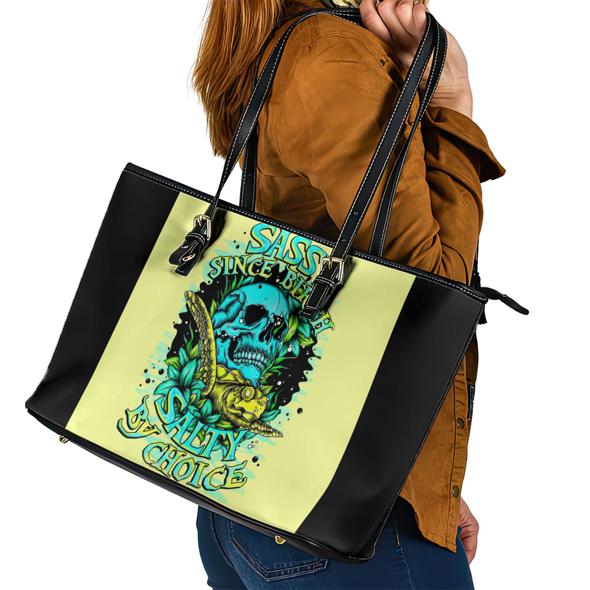 Turtle Skull Leather Tote Bag Sassy Since Birth Salty By Choice - Wonder Print Shop