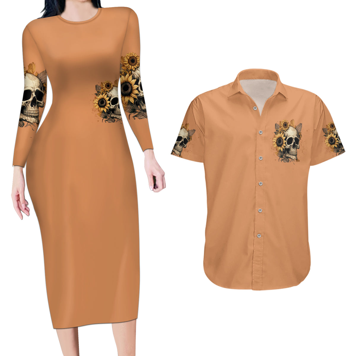 Sunflower Skull Couples Matching Long Sleeve Bodycon Dress and Hawaiian Shirt She Is Sunshine Mixed With A Little Hurricance - Wonder Print Shop