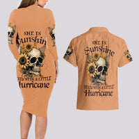 Sunflower Skull Couples Matching Long Sleeve Bodycon Dress and Hawaiian Shirt She Is Sunshine Mixed With A Little Hurricance - Wonder Print Shop