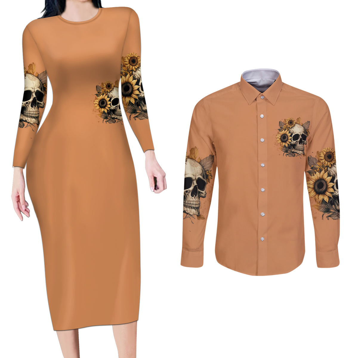 Sunflower Skull Couples Matching Long Sleeve Bodycon Dress and Long Sleeve Button Shirts She Is Sunshine Mixed With A Little Hurricance - Wonder Print Shop