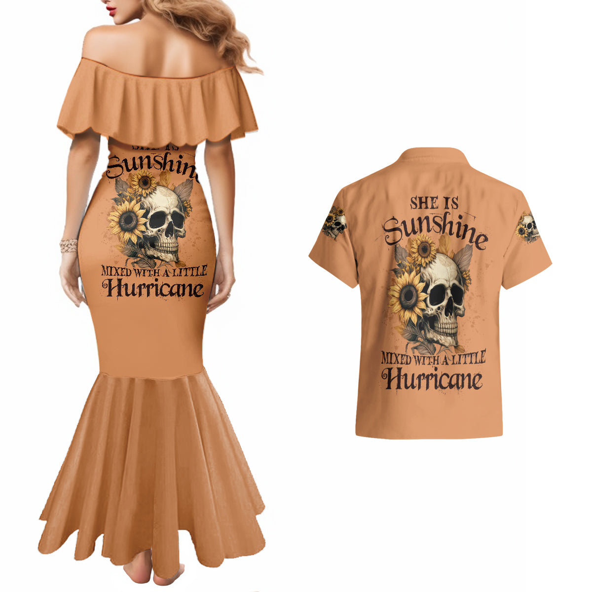 Sunflower Skull Couples Matching Mermaid Dress and Hawaiian Shirt She Is Sunshine Mixed With A Little Hurricance - Wonder Print Shop